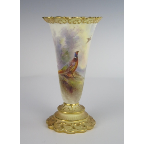 386 - A Royal Worcester Pheasant Decorated Vase, signed JAS Stinton, 1908 model 706, 16 cm