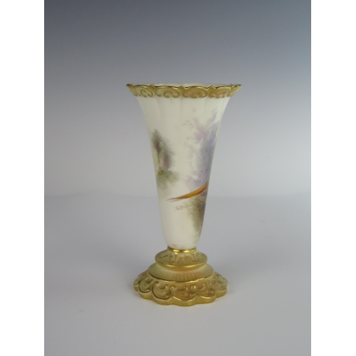 386 - A Royal Worcester Pheasant Decorated Vase, signed JAS Stinton, 1908 model 706, 16 cm