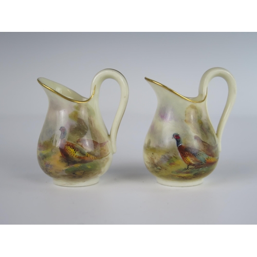 389 - A Pair of Miniature Royal Worcester Pheasant Decorated Jugs, 1925, 6.5cm