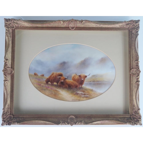 391 - M. Holloway, Highland Cattle Scene on porcelain plaque, signed, framed & glazed, 34 x 28 cm