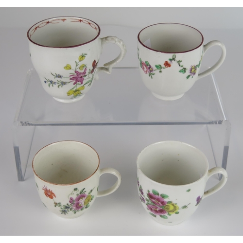 396 - Four 18th Century Bristol Porcelain Cups with hand painted floral decoration, X underglaze mark to b... 