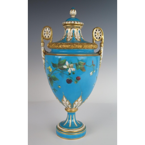 404 - A 19th Century MINTON Porcelain Two Handled Vase with Cover decorated with flowers and berries and w... 