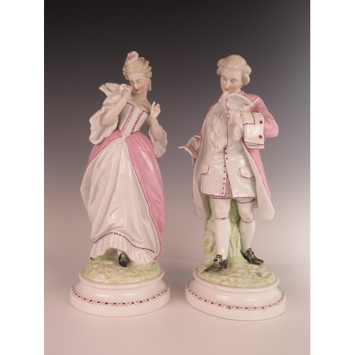 406 - A Pair of 19th Century Dresden Porcelain Figurines of a Gallant & Maid with doves and letters, talle... 