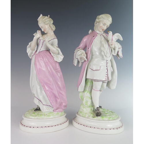 406 - A Pair of 19th Century Dresden Porcelain Figurines of a Gallant & Maid with doves and letters, talle... 