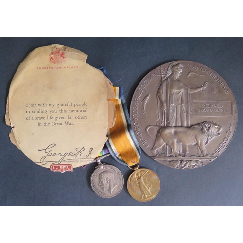 421 - A WWI Medal Pair awarded to 37110 PTE. R.G. HARRIS. DEVON. R. and Death Plaque to REGINALD GERALD HA... 