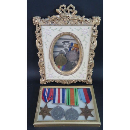 424 - A Father & Son Medal Groups including WWI medal pair awarded to J. 54328 G.H. BEARD. A.B. R.N. frame... 