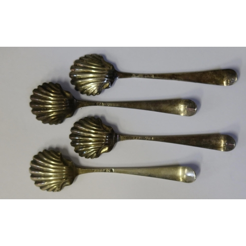 51 - A Set of Four George III Silver Salt Spoons with scalloped shaped bowls, Hester Bateman, c. 1789, 95... 