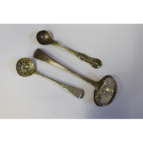 54 - A William IV Silver Mustard Spoon (London 1837, WE?, 12cm, 31.4g), a small George III silver sifting... 