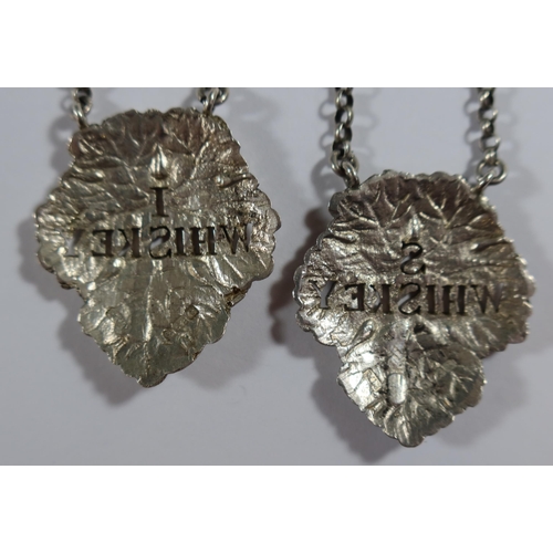 63 - A Pair of Edward VII Cast Silver Irish Whiskey and Scotch Whisky Leaf Shaped Bottle Labels, Birmingh... 