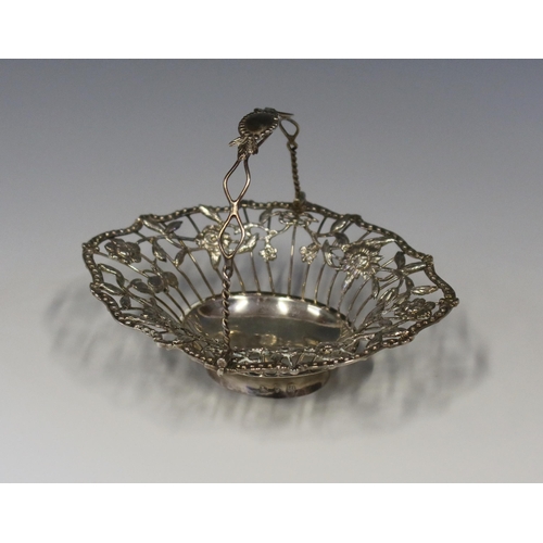 86 - A Pretty and Small Early George III Silver Swing Handled Basket with foliate and insect decoration, ... 