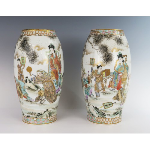 358 - A Pair of Early 20th Century Japanese Export Seto Porcelain Vases continuously decorated with figure... 