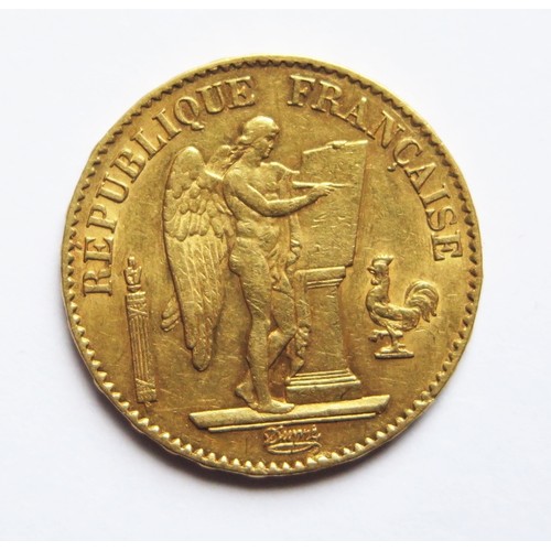 218 - A French 1876 Leopold II 20 Franc Gold Coin, VF