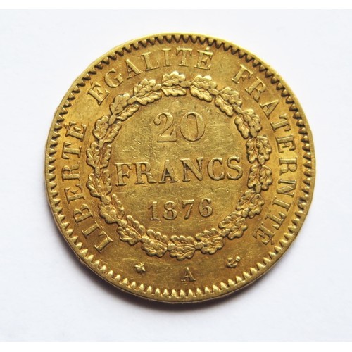 218 - A French 1876 Leopold II 20 Franc Gold Coin, VF