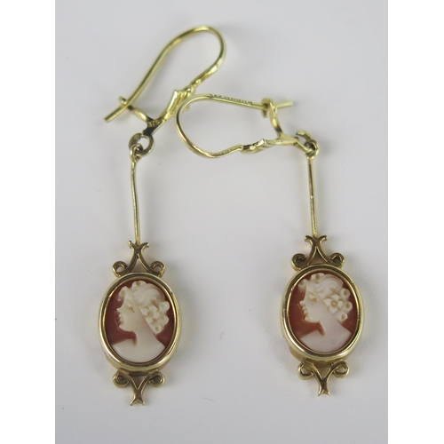43 - A Pair of 9ct Gold Shell Cameo Pendant Earrings, 45mm drop, 2.5g