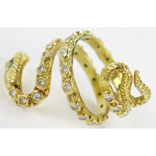 1 - Emerald and Diamond Snake Ring with ruby eyes with an unmarked 18ct gold setting, size P.5 -K.5, c. ... 