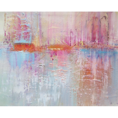 1014 - Heidi Koenig, Modern Artist b.1964,'Reflections', Abstract Oil on Board, Monogrammed HK, 25 x 20cm, ... 