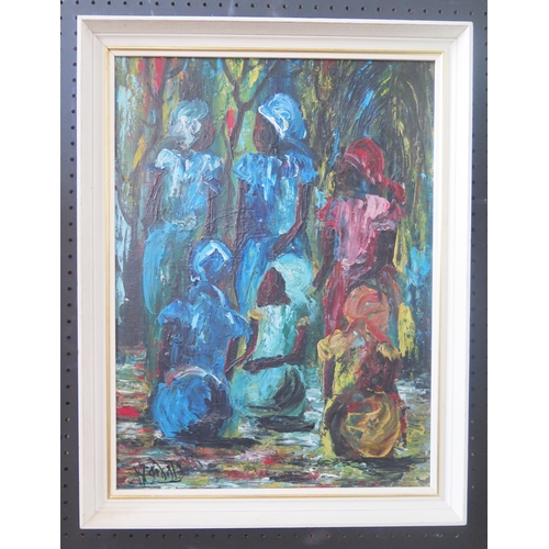 1053 - Oil on Board depicting a group of African women, Signed but indistinguishable, 48 x 35cm, Framed