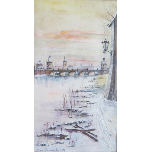 1055 - Two Paintings by Czech Artist Jan Prochazka, Winter City Scenes 1999, Signed, Tempera, 15 x 9cm, F &... 