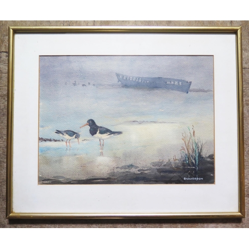 1064 - Basil G. Emmerson, C20th Watercolour Artist, ' Oyster Catchers, Leigh', Canvey Island August 1974, 3... 