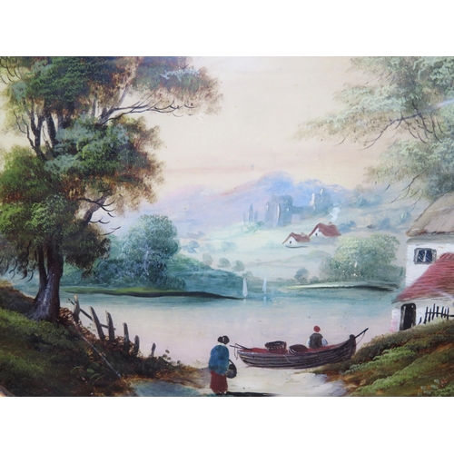 1101 - C19th Reverse Painting on glass, Landscape scene A/F, 44 x 36cm, F & G and a Framed Silk Map of Engl... 