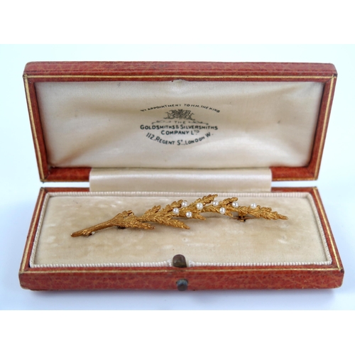 12 - Goldsmiths & Silversmiths Company Unmarked 15ct Gold and Pearl Fern Spray Brooch, 62mm, 4.1g. In a f... 