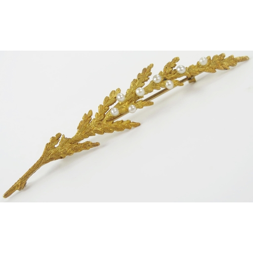 12 - Goldsmiths & Silversmiths Company Unmarked 15ct Gold and Pearl Fern Spray Brooch, 62mm, 4.1g. In a f... 