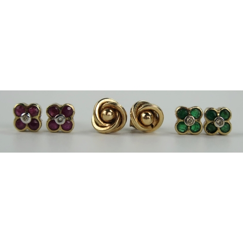126 - Pair of 9ct Gold, Emerald and Diamond Stud Earrings, matching 9ct gold ruby and diamond earrings and... 