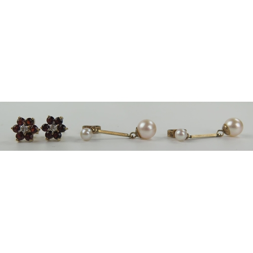 127 - Pair of 9ct Gold, Garnet and Diamond Cluster Stud Earrings and pair of 9ct gold and pearl pendant ea... 