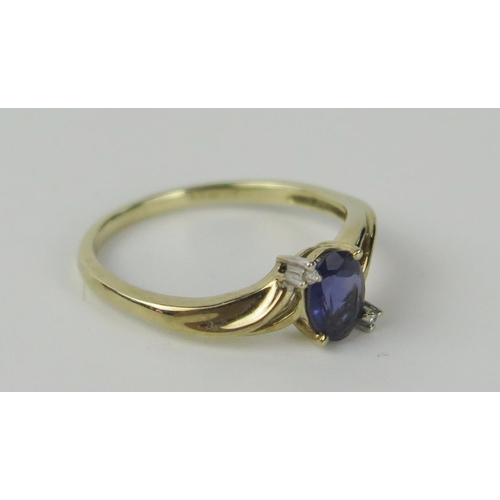 130a - 9ct Gold Iolite and Diamond Ring, size Q, 2.1g