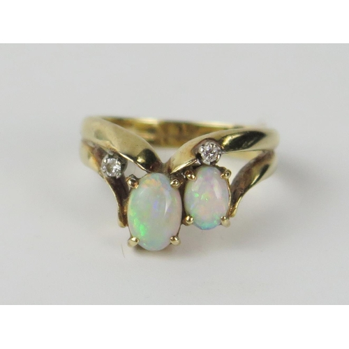 130b - 14ct Gold, White Opal and Diamond Ring, size M.75,