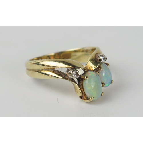130b - 14ct Gold, White Opal and Diamond Ring, size M.75,