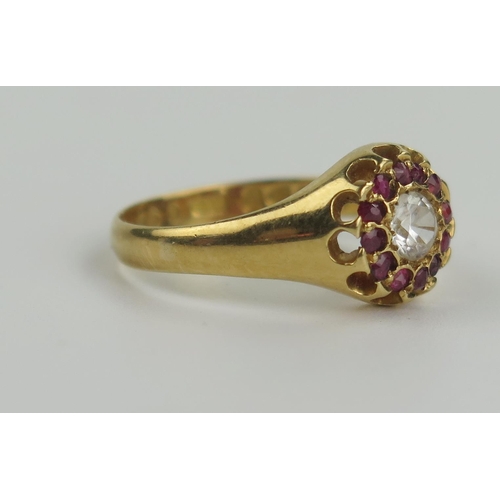 131 - Victorian 18ct Gold, Ruby and White Stone Cluster Ring, EDW .36ct, 10mm head, size O, 4.3g, Chester ... 