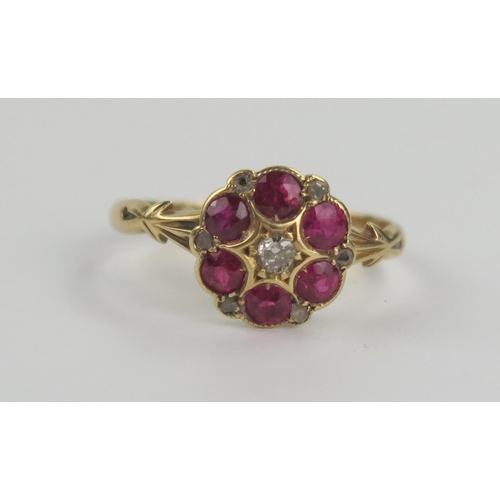 137 - Antique 18ct Gold, Ruby and Diamond Cluster Ring, 10mm diam. head, size L.5, 2.4g, Chester 1915, J.W... 