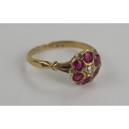 137 - Antique 18ct Gold, Ruby and Diamond Cluster Ring, 10mm diam. head, size L.5, 2.4g, Chester 1915, J.W... 