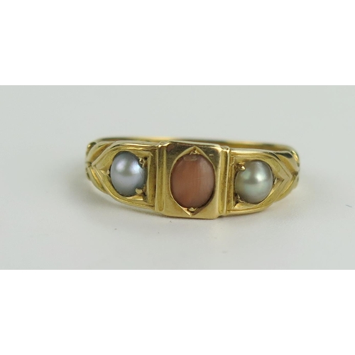 138 - Victorian 18ct Gold, Pearl and Coral Three Stone Ring, size O, 3.3g