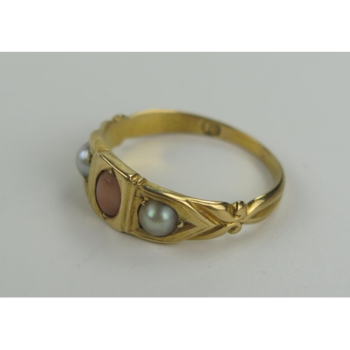 138 - Victorian 18ct Gold, Pearl and Coral Three Stone Ring, size O, 3.3g