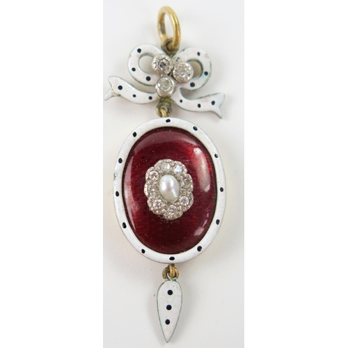 14 - Victorian Diamond and Enamel Pendant mounted with a central blister pearl and in an unmarked gold se... 