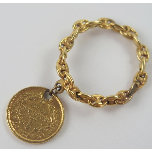 15 - Antique High Carat 'Chain Link' Ring with a suspended 1853 $1 gold coin, size I.5, 3.6g