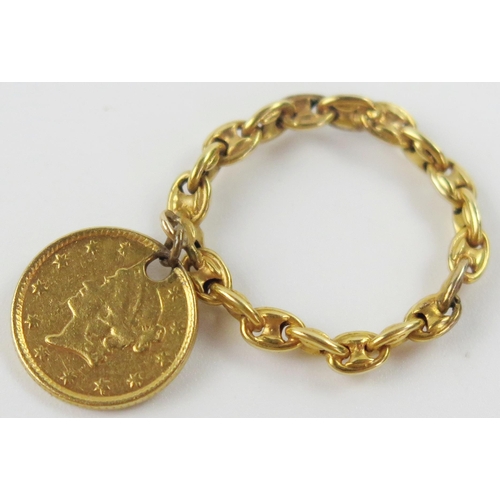 15 - Antique High Carat 'Chain Link' Ring with a suspended 1853 $1 gold coin, size I.5, 3.6g