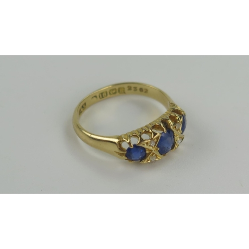 158 - Antique 18ct Gold, Ceylon? Sapphire and Diamond Ring, central stone c. 5x4mm, size L.25, 3.7g, Birmi... 