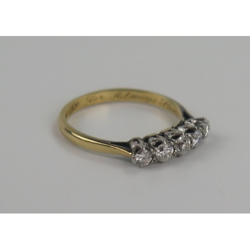 160 - 18ct Gold and Diamond Five Stone Ring with platinum claw setting, diamonds c. 3mm, size L, 2.1g