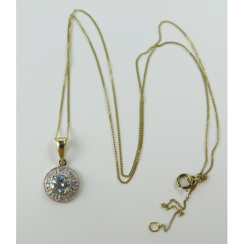 178 - 9ct Gold, Blue Topaz and Diamond Pendant (10mm diam.) and on a 9ct gold 17.25