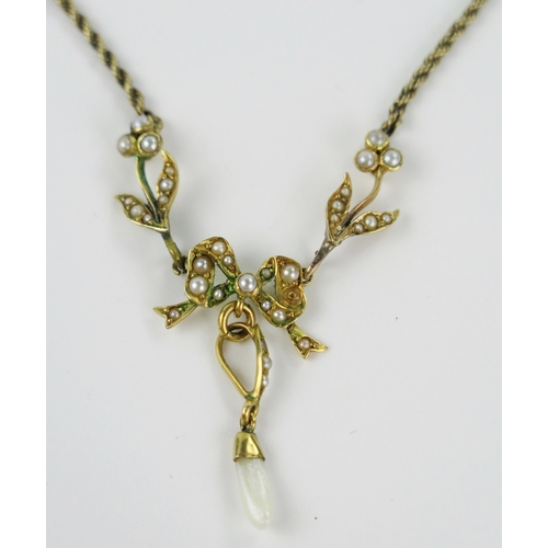 18 - Antique 15ct Gold and Pearl Necklace, the central bow with a 32mm drop and 13.25