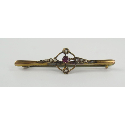 180 - 9ct Gold, Ruby and Pearl Bar Brooch, 49mm, 2g, boxed