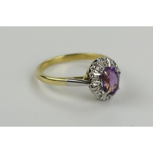 182 - 18ct Gold, Amethyst and Diamond Cluster Ring, 11x9mm head, size N, 3.2g