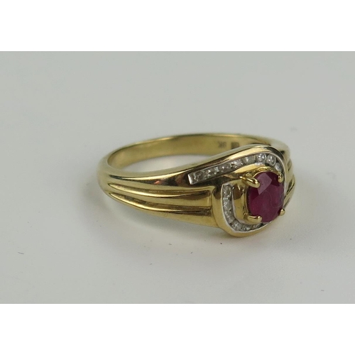 183 - 9ct Gold, Ruby and Diamond Ring, 9.5mm head, size O, 3.3g