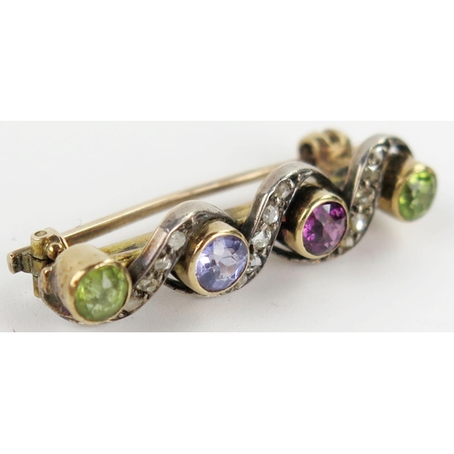 2 - Victorian Ruby, Peridot, Amethyst and Diamond Bar Brooch in an unmarked high carat gold setting, 31m... 