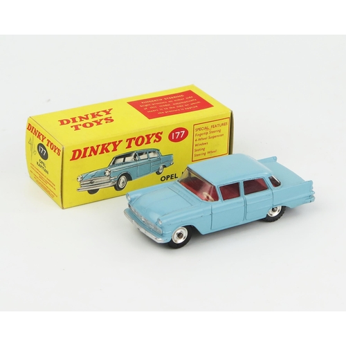 2070 - A Dinky Toys 177 Opel Kapitan in light blue with red interior and spun hubs. Near mint in near mint+... 