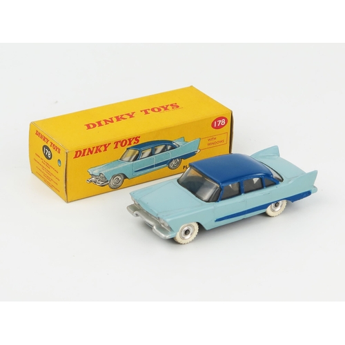 2071 - A Dinky Toys 178 Plymouth Plaza in light blue with dark blue roof and flash, spun hubs and mottled b... 