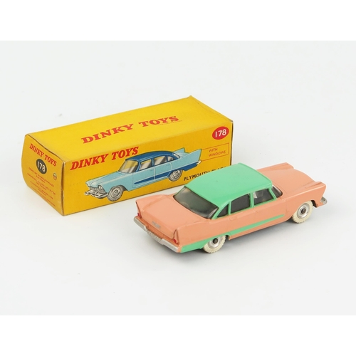 2072 - A Dinky Toys 178 Plymouth Plaza in salmon pink with light green roof and flash, spun hubs and mottle... 